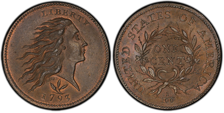 1793 Flowing Hair Cent. Wreath Reverse. S-9.  Vine and Bars Edge. MS-67 RB (PCGS).